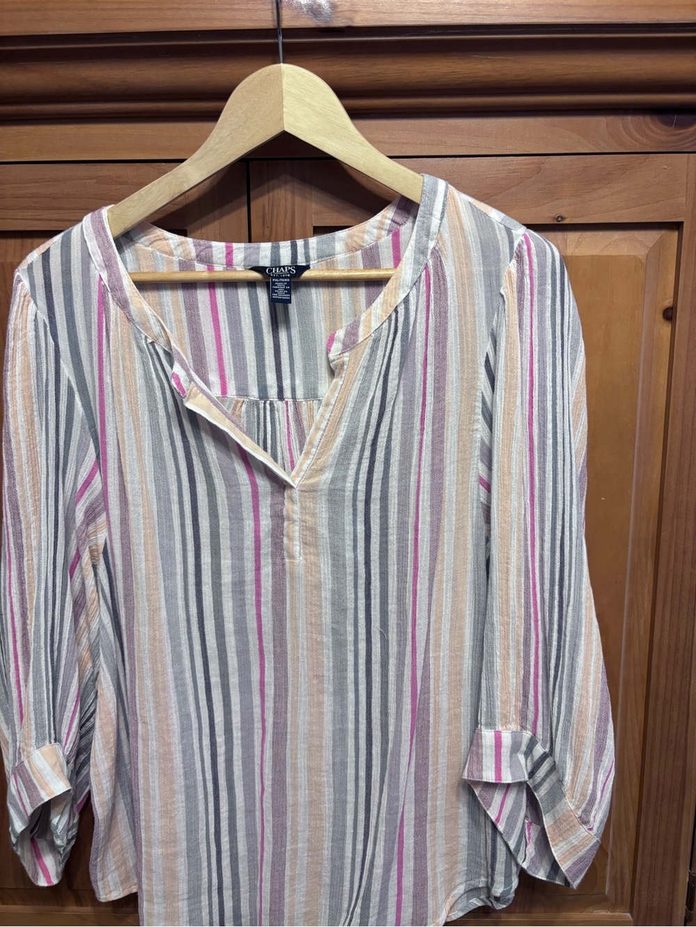 Chaps Multi-Stripe V-Neck Blouse in Pink, Gray & Cream